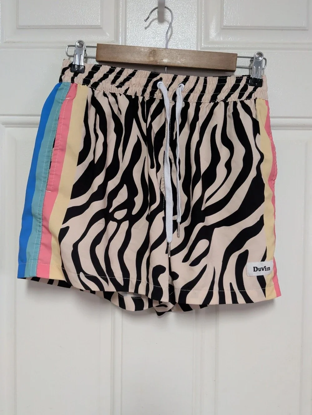 Duvin Swim Shorts Mens Small Zebra Disco Trunks Rainbow Stripe Brief Lined